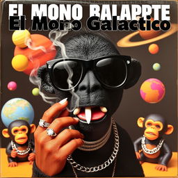 A music album cover featuring a black puppet character with space-themed black sunglasses