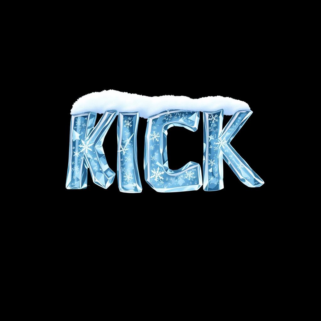 A stunning 2D illustration of the word "KICK" designed to look like it is made of frozen ice, with crystalline textures and a glossy finish, set against a solid black background