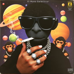 A music album cover featuring a black puppet character with space-themed black sunglasses