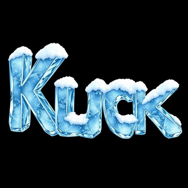 A stunning 2D illustration of the word "KICK" designed to look like it is made of frozen ice, with crystalline textures and a glossy finish, set against a solid black background