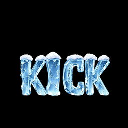 A stunning 2D illustration of the word "KICK" designed to look like it is made of frozen ice, with crystalline textures and a glossy finish, set against a solid black background