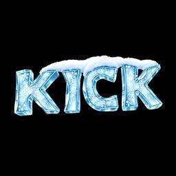 A stunning 2D illustration of the word "KICK" designed to look like it is made of frozen ice, with crystalline textures and a glossy finish, set against a solid black background