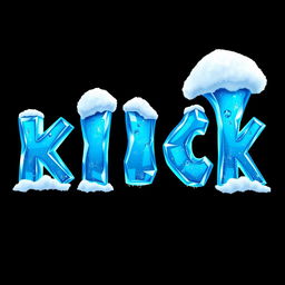 A captivating 2D illustration of the word "KICK" designed to resemble frozen ice in vibrant blue hues, set against a solid black background