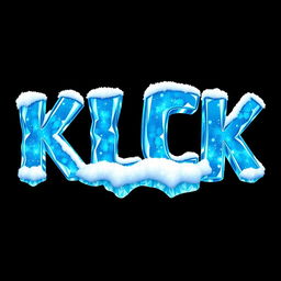 A captivating 2D illustration of the word "KICK" designed to resemble frozen ice in vibrant blue hues, set against a solid black background