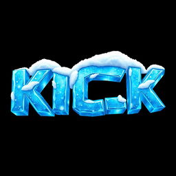 A captivating 2D illustration of the word "KICK" designed to resemble frozen ice in vibrant blue hues, set against a solid black background