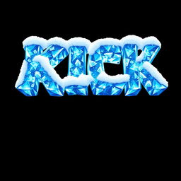 A captivating 2D illustration of the word "KICK" designed to resemble frozen ice in vibrant blue hues, set against a solid black background