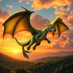 A majestic dragon soaring through a vibrant sunset sky, its iridescent scales shimmering in hues of emerald green and gold