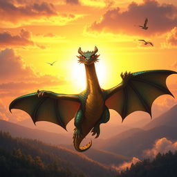 A majestic dragon soaring through a vibrant sunset sky, its iridescent scales shimmering in hues of emerald green and gold