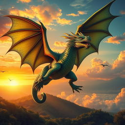 A majestic dragon soaring through a vibrant sunset sky, its iridescent scales shimmering in hues of emerald green and gold