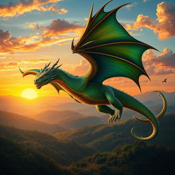 A majestic dragon soaring through a vibrant sunset sky, its iridescent scales shimmering in hues of emerald green and gold