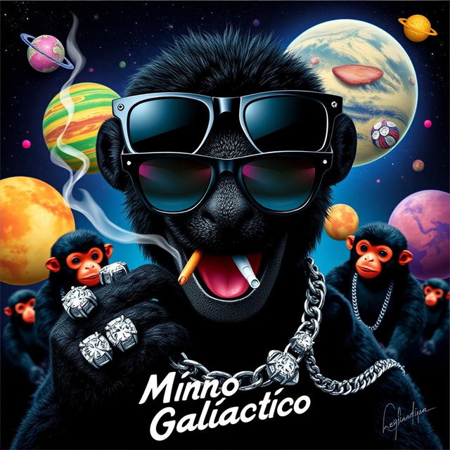 A vibrant music album cover featuring a black puppet wearing sleek black space sunglasses