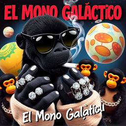 A vibrant music album cover featuring a black puppet wearing sleek black space sunglasses