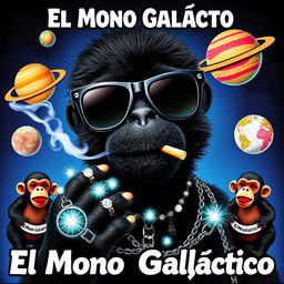 A vibrant music album cover featuring a black puppet wearing sleek black space sunglasses