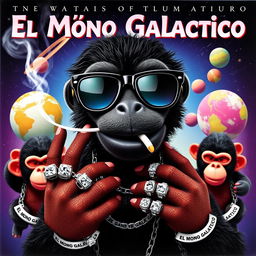 A vibrant music album cover featuring a black puppet wearing sleek black space sunglasses