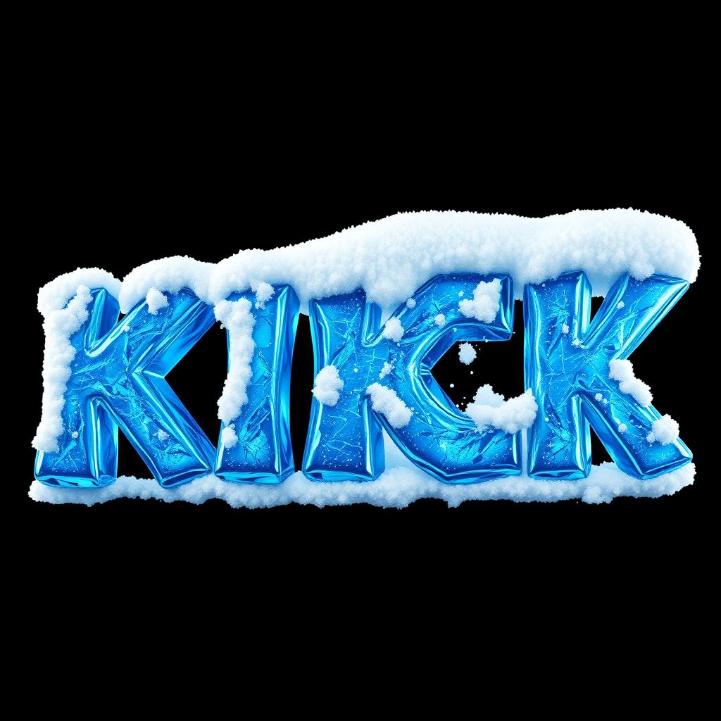 A captivating 2D illustration of the word "KICK" designed to resemble frozen ice in vibrant blue shades, with intricate icy textures set against a deep black background