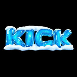 A captivating 2D illustration of the word "KICK" designed to resemble frozen ice in vibrant blue shades, with intricate icy textures set against a deep black background