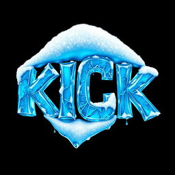 A captivating 2D illustration of the word "KICK" designed to resemble frozen ice in vibrant blue shades, with intricate icy textures set against a deep black background