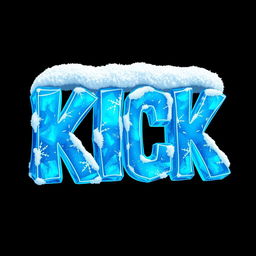 A captivating 2D illustration of the word "KICK" designed to resemble frozen ice in vibrant blue shades, with intricate icy textures set against a deep black background