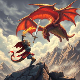 A dramatic scene depicting a stylized dragon fighter in mid-action, wearing intricately detailed armor with fiery accents, engaged in combat with a majestic, fearsome dragon soaring above a rugged mountain landscape