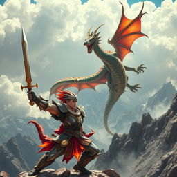 A dramatic scene depicting a stylized dragon fighter in mid-action, wearing intricately detailed armor with fiery accents, engaged in combat with a majestic, fearsome dragon soaring above a rugged mountain landscape