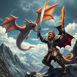 A dramatic scene depicting a stylized dragon fighter in mid-action, wearing intricately detailed armor with fiery accents, engaged in combat with a majestic, fearsome dragon soaring above a rugged mountain landscape