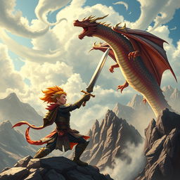 A dramatic scene depicting a stylized dragon fighter in mid-action, wearing intricately detailed armor with fiery accents, engaged in combat with a majestic, fearsome dragon soaring above a rugged mountain landscape