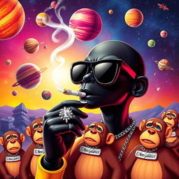 A vibrant musical album cover featuring a black humanoid doll wearing sleek black space sunglasses, holding a cigarette with smoke curling upwards from its mouth