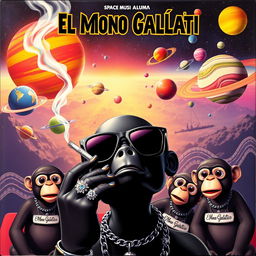 A vibrant musical album cover featuring a black humanoid doll wearing sleek black space sunglasses, holding a cigarette with smoke curling upwards from its mouth