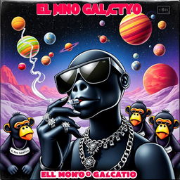 A vibrant musical album cover featuring a black humanoid doll wearing sleek black space sunglasses, holding a cigarette with smoke curling upwards from its mouth