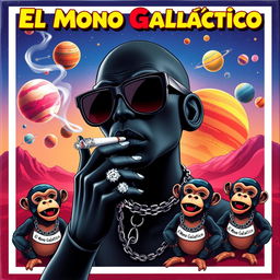 A vibrant musical album cover featuring a black humanoid doll wearing sleek black space sunglasses, holding a cigarette with smoke curling upwards from its mouth