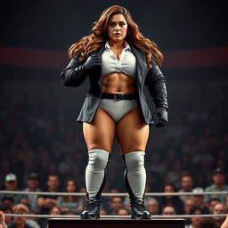 A realistic photo of a beautiful, plump-bodied female wrestler with huge shoulders and long gloves, wearing a blazer over a white shirt, and panties