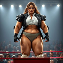 A realistic photo of a beautiful, plump-bodied female wrestler with huge shoulders and long gloves, wearing a blazer over a white shirt, and panties