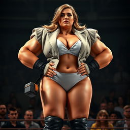 A realistic photo of a beautiful, plump-bodied female wrestler with huge shoulders and long gloves, wearing a blazer over a white shirt, and panties