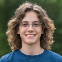 A teenage boy with dark circles under his eyes, wearing glasses and smiling. He has long, tousled hair.