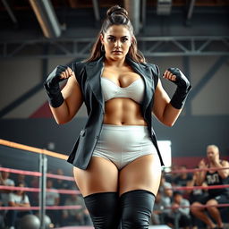 A beautiful and strong female wrestler with a plump body and huge shoulders standing confidently in a gym