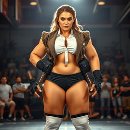 A beautiful and strong female wrestler with a plump body and huge shoulders standing confidently in a gym