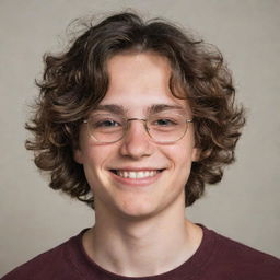 A teenage boy with dark circles under his eyes, wearing glasses and smiling. He has long, tousled hair.