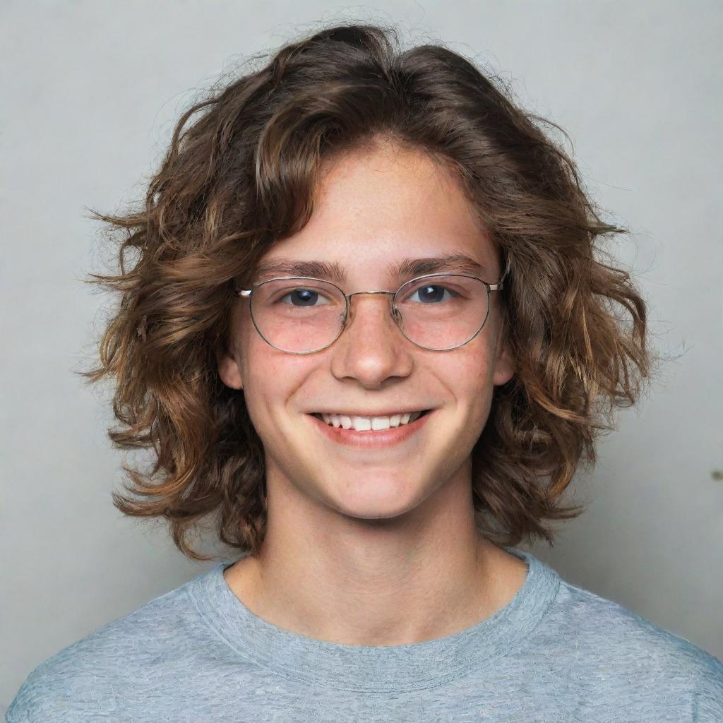 A teenage boy with dark circles under his eyes, wearing glasses and smiling. He has long, tousled hair.