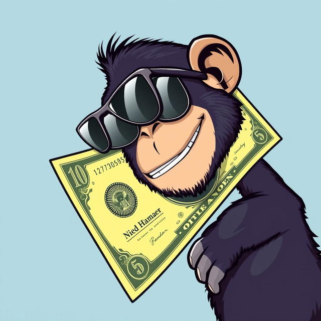 A full view illustration of a vibrant, stylized dollar bill prominently displayed in the foreground, featuring a playful chimpanzee wearing sleek sunglasses