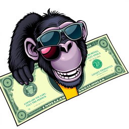 A full view illustration of a vibrant, stylized dollar bill prominently displayed in the foreground, featuring a playful chimpanzee wearing sleek sunglasses