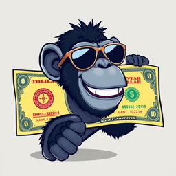 A full view illustration of a vibrant, stylized dollar bill prominently displayed in the foreground, featuring a playful chimpanzee wearing sleek sunglasses