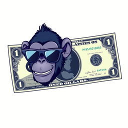 A full view illustration of a vibrant, stylized dollar bill prominently displayed in the foreground, featuring a playful chimpanzee wearing sleek sunglasses