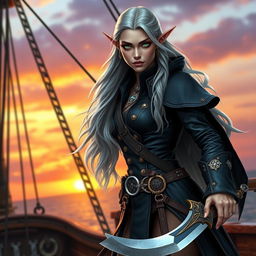 A high elf female pirate with long flowing silver hair and striking emerald green eyes, dressed in an intricately designed pirate outfit featuring a fitted black leather coat adorned with gold embellishments