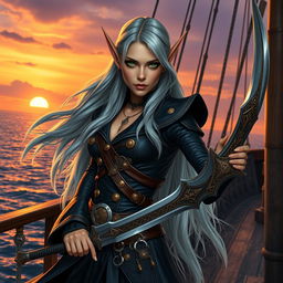 A high elf female pirate with long flowing silver hair and striking emerald green eyes, dressed in an intricately designed pirate outfit featuring a fitted black leather coat adorned with gold embellishments