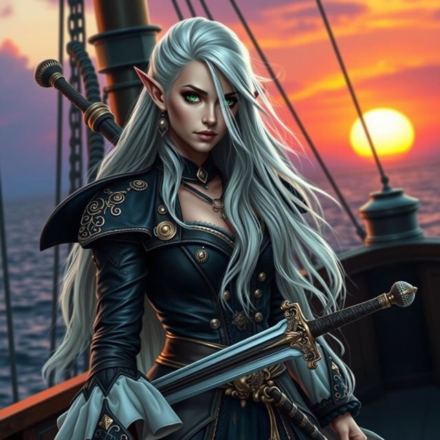 A high elf female pirate with long flowing silver hair and striking emerald green eyes, dressed in an intricately designed pirate outfit featuring a fitted black leather coat adorned with gold embellishments