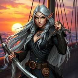 A high elf female pirate with long flowing silver hair and striking emerald green eyes, dressed in an intricately designed pirate outfit featuring a fitted black leather coat adorned with gold embellishments