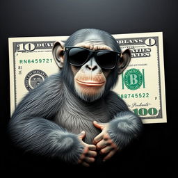 A hyper-realistic, ultra HD image featuring a full view of a detailed dollar bill with a playful chimpanzee wearing stylish sunglasses integrated into the design of the dollar