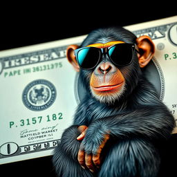 A hyper-realistic, ultra HD image featuring a full view of a detailed dollar bill with a playful chimpanzee wearing stylish sunglasses integrated into the design of the dollar