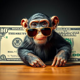 A hyper-realistic, ultra HD image featuring a full view of a detailed dollar bill with a playful chimpanzee wearing stylish sunglasses integrated into the design of the dollar