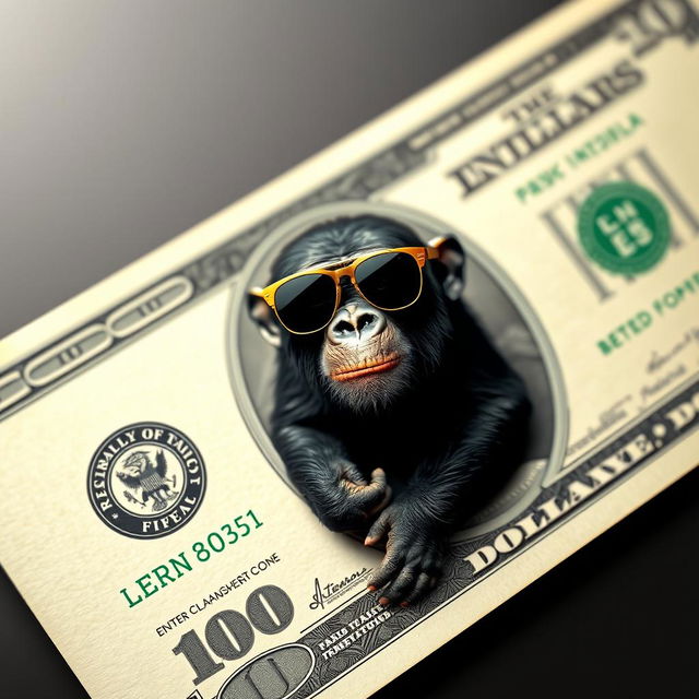 A hyper-realistic, ultra HD image featuring a full view of a detailed dollar bill with a playful chimpanzee wearing stylish sunglasses integrated into the design of the dollar